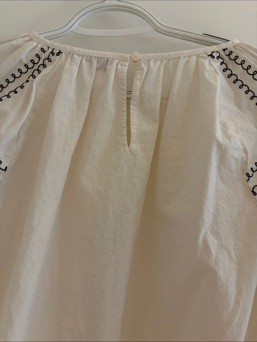 LOFT Cream Peasant Blouse with Black Embroidery